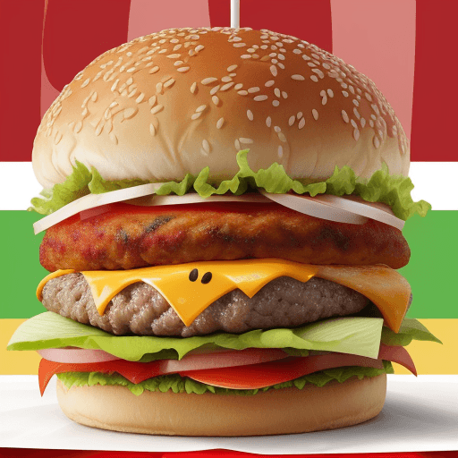 AI generated: a big chicken eating a hambuger.