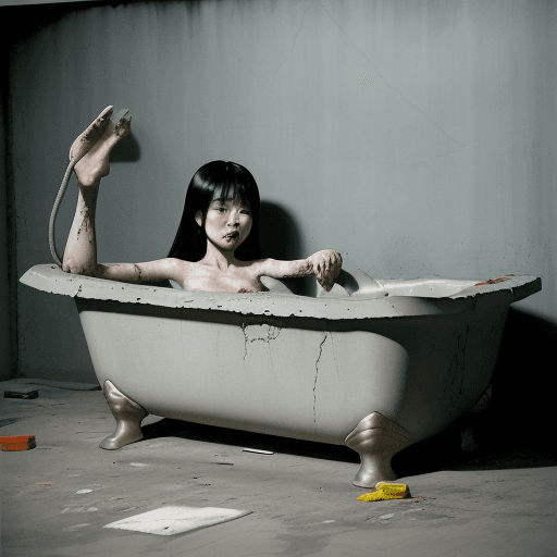 AI generated: a korean woman lying in an old rectangular concrete bathtub, bare feet in the air, holding a rubber ...