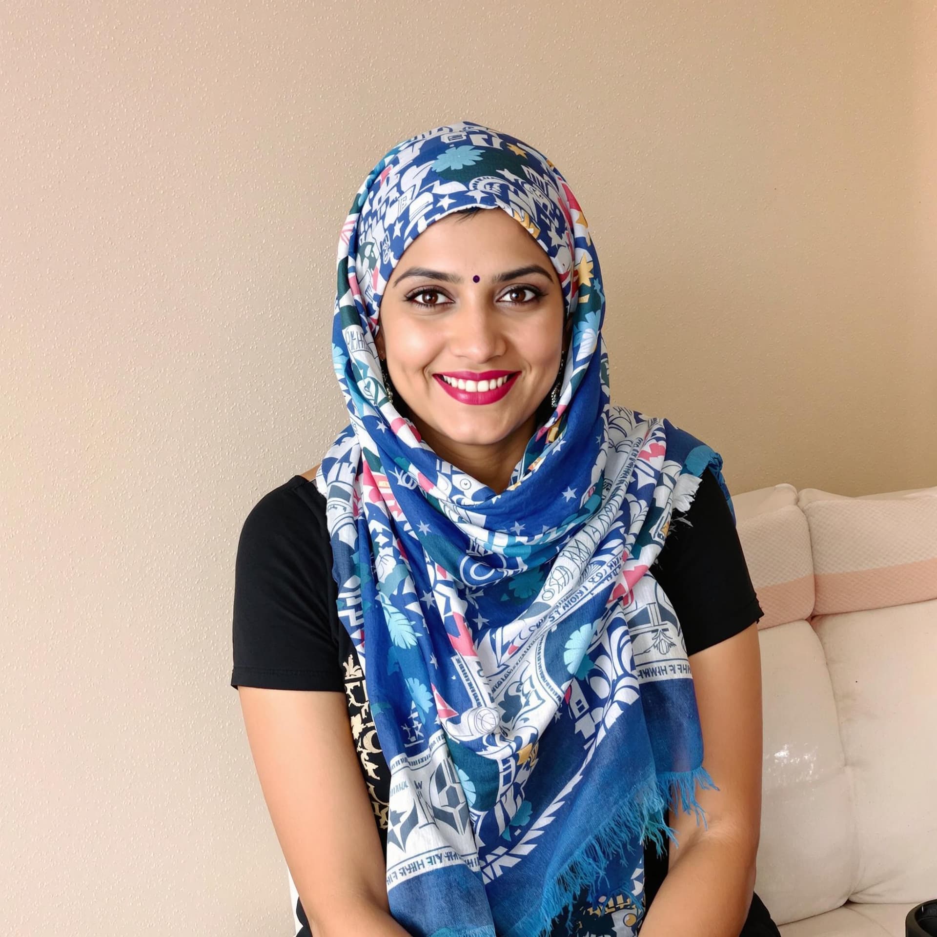 AI generated: The image features a Indian woman wearing an tosca scarf, which is wrapped around her head. She is s...
