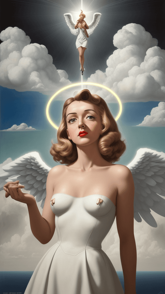 AI generated: (who said a angel has a halo), (Ultra high res), Clouds, sunbeams, Modernist Simplicity, 1940s Propa...