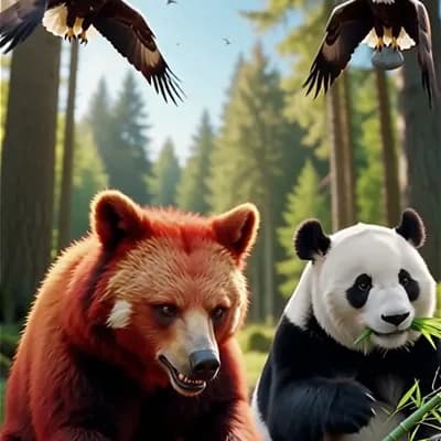 AI generated video: 불곰연어을 먹고있다  판다 대나무을 먹고있다   독수리1독수리2독수리3가 하늘에서 돌을던진다  불곰하고 판다가 맞는다 