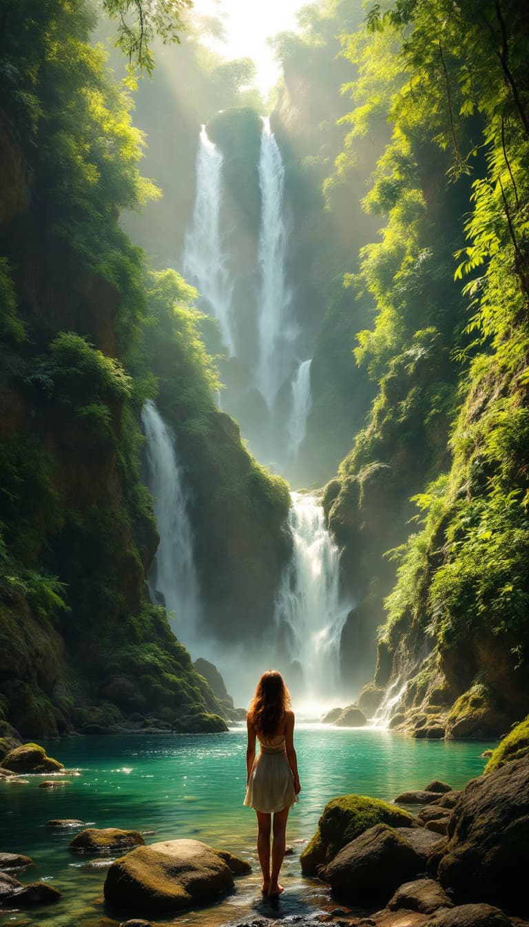 AI generated: Majestic tropical waterfall in deep jungle ravine, multiple cascading falls, emerald pool below, sun...