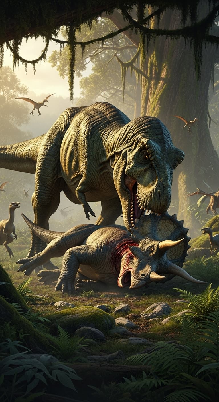 AI generated: wide angle, super detailed, crisp, sharp, in focus, realistic: t-rex in the wild