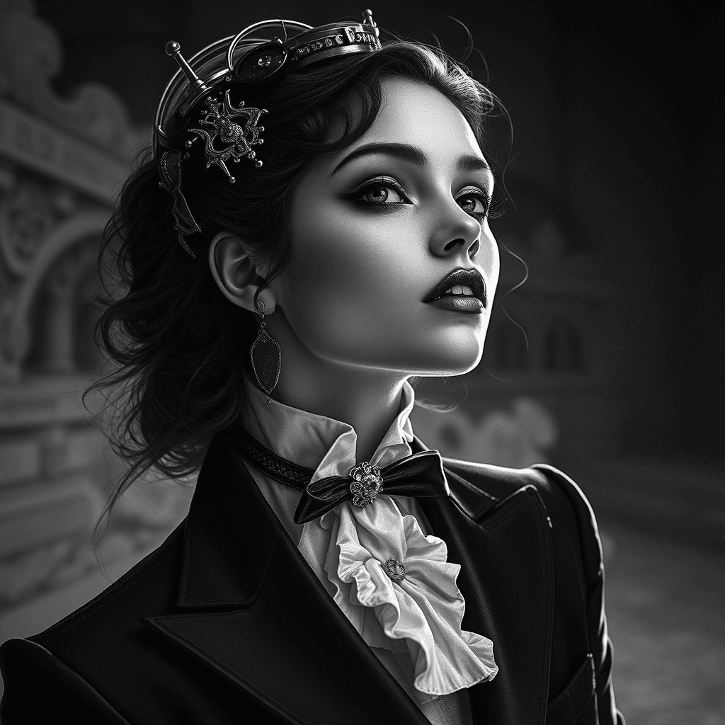 AI generated:  black an white focus calm and gothic mood; even, dark lighting focusing on gucci style suit and got...