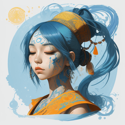 AI generated: a girl with blue hair with eyes closed, in the style of the mystic gipsy, fortune teller, yellow and...