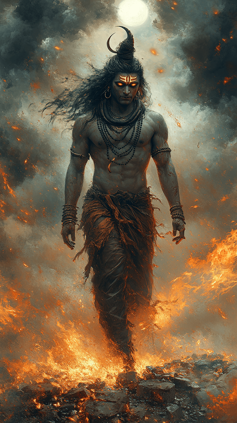 AI generated: Lord Shiva, with ash-smeared body and matted locks crowned with the crescent moon, walks across a sh...