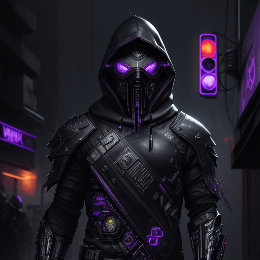 AI generated: cyberpunk, masked man, dark   torn hood, Purple accents, dark rainy foggy night, intricate dark and ...