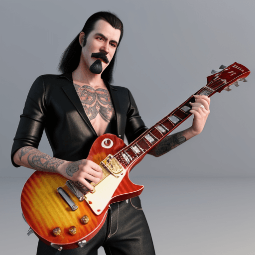 AI generated: 3D caricature of a man with short van dyke beard with tattoos playing a full red les paul guitar