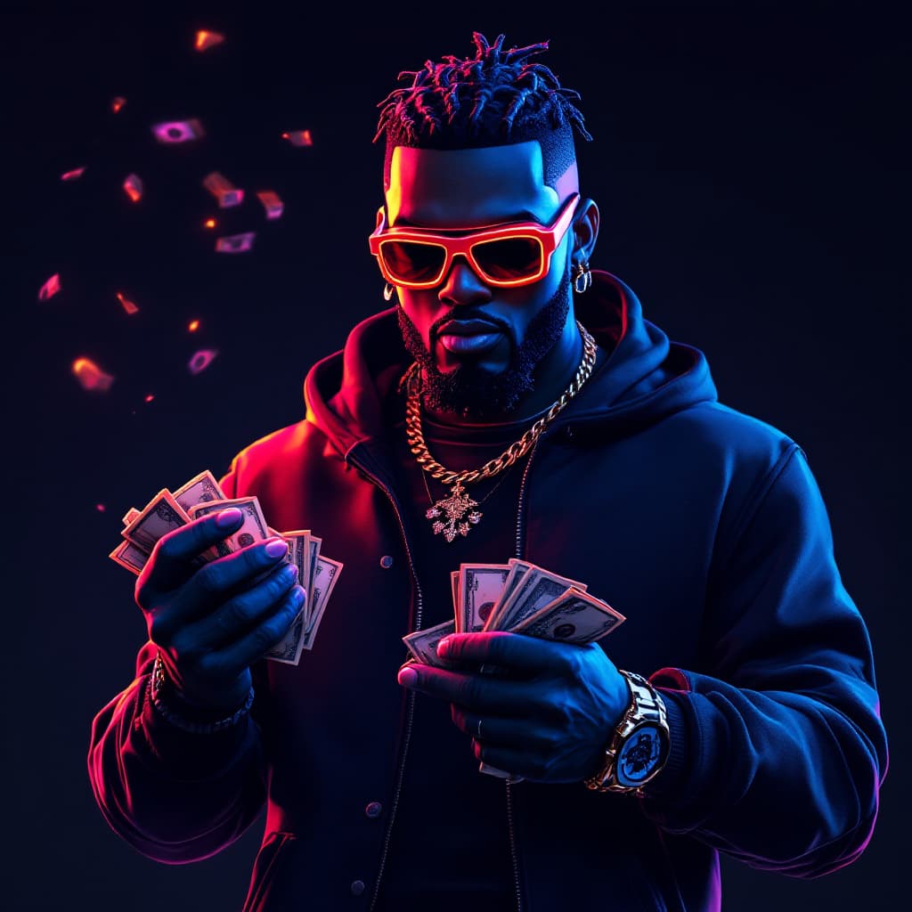 AI generated: dave blunts, a swag black rapper as fortnite character holding dollars, orange black neon, dark back...