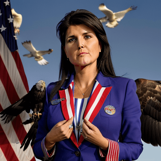 AI generated: nikki haley petting a large eagle with a red right wing, a blue left wing, vertical red and white st...
