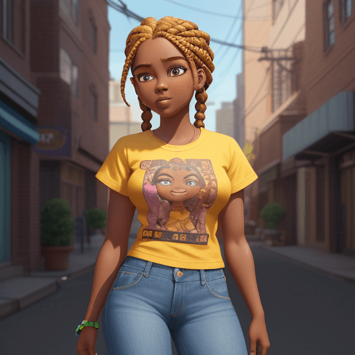 AI generated: brown skin girl braided hair cartoon 3D sunny bright Pixar-style image : inner city : tshirt :  jean...