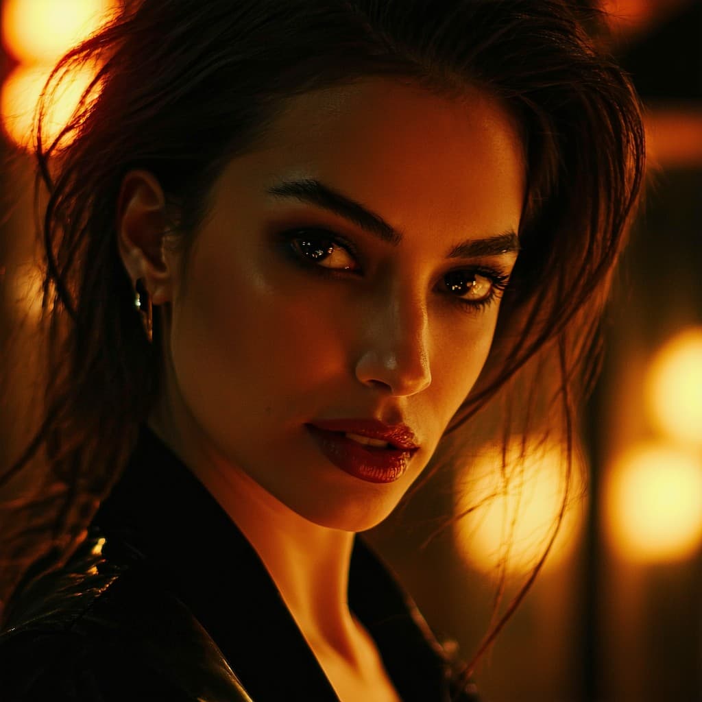 AI generated: A cinematic high-fashion portrait of an irresistibly seductive woman, bathed in the soft glow of gol...