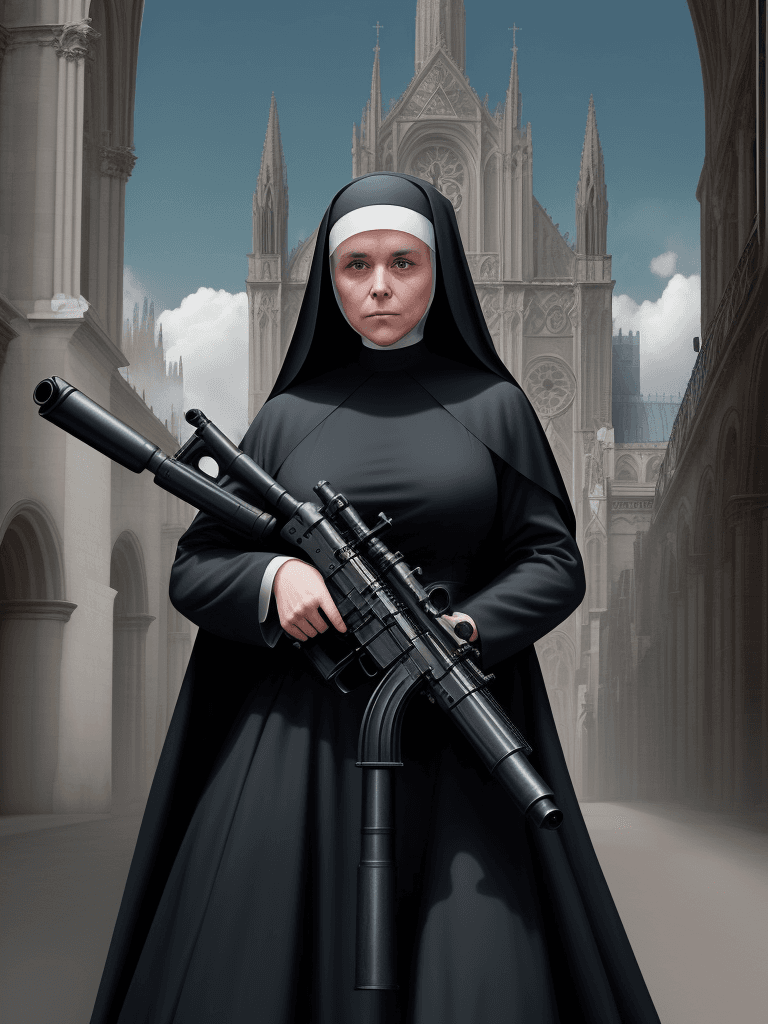 AI generated: nuns with guns, a beautiful nun holding a large machine gun, a cathedral in the background, beautifu...