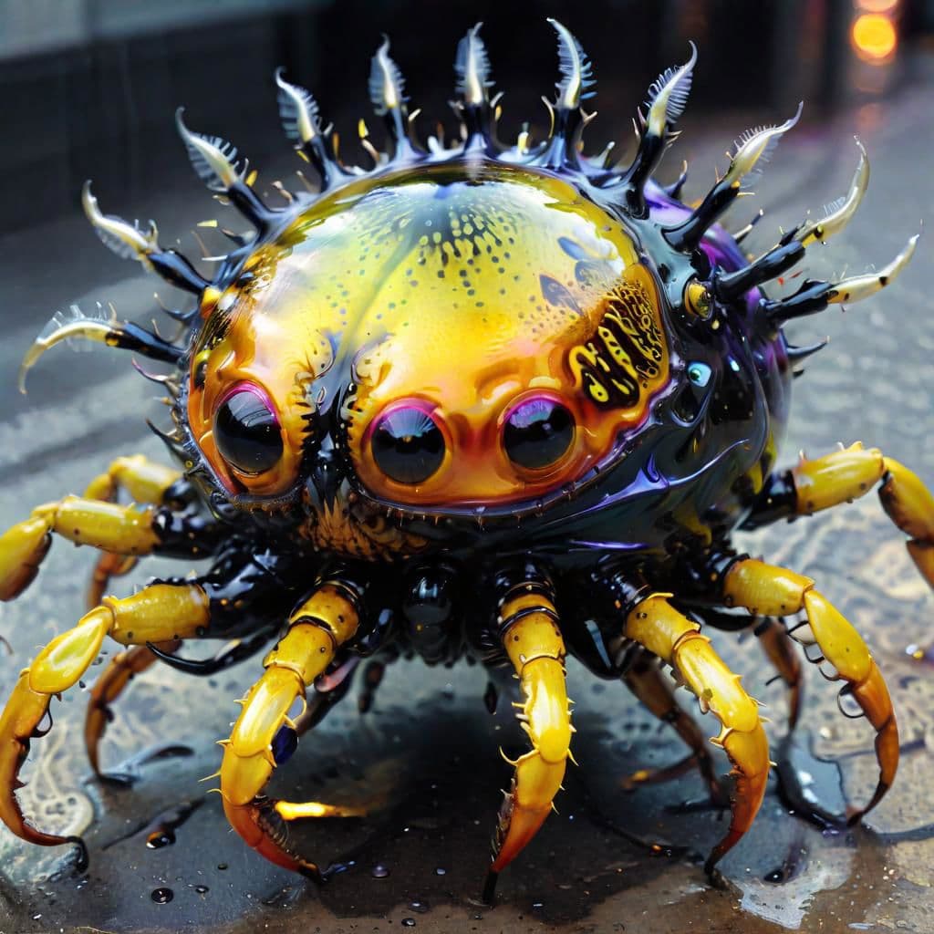 AI generated: ferrofluid monster mixed between a crab and a wasp::5 on a new york street, tentacles, eyes on stalk...