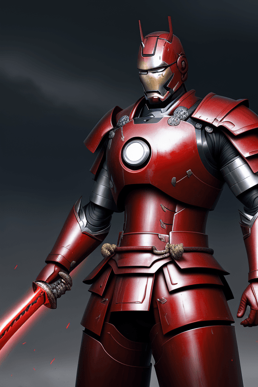AI generated: A Gigantic Samurai Ironman with a massive sword red energy resting on his waist, dressed in samurai ...