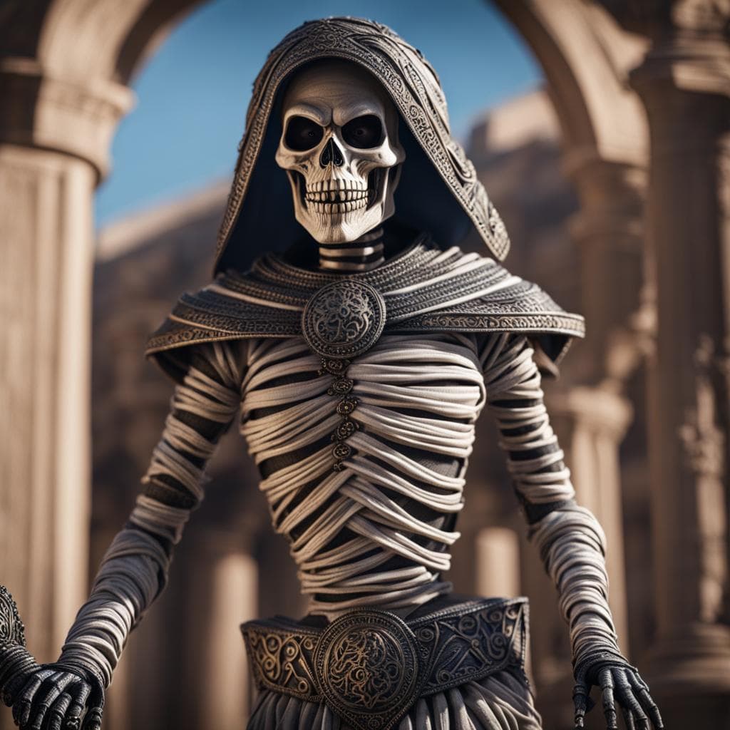 AI generated: A [ Full Body ] Photorealistic Mummy with a wrapped skeleton costume, fantasy, photorealistic, highl...