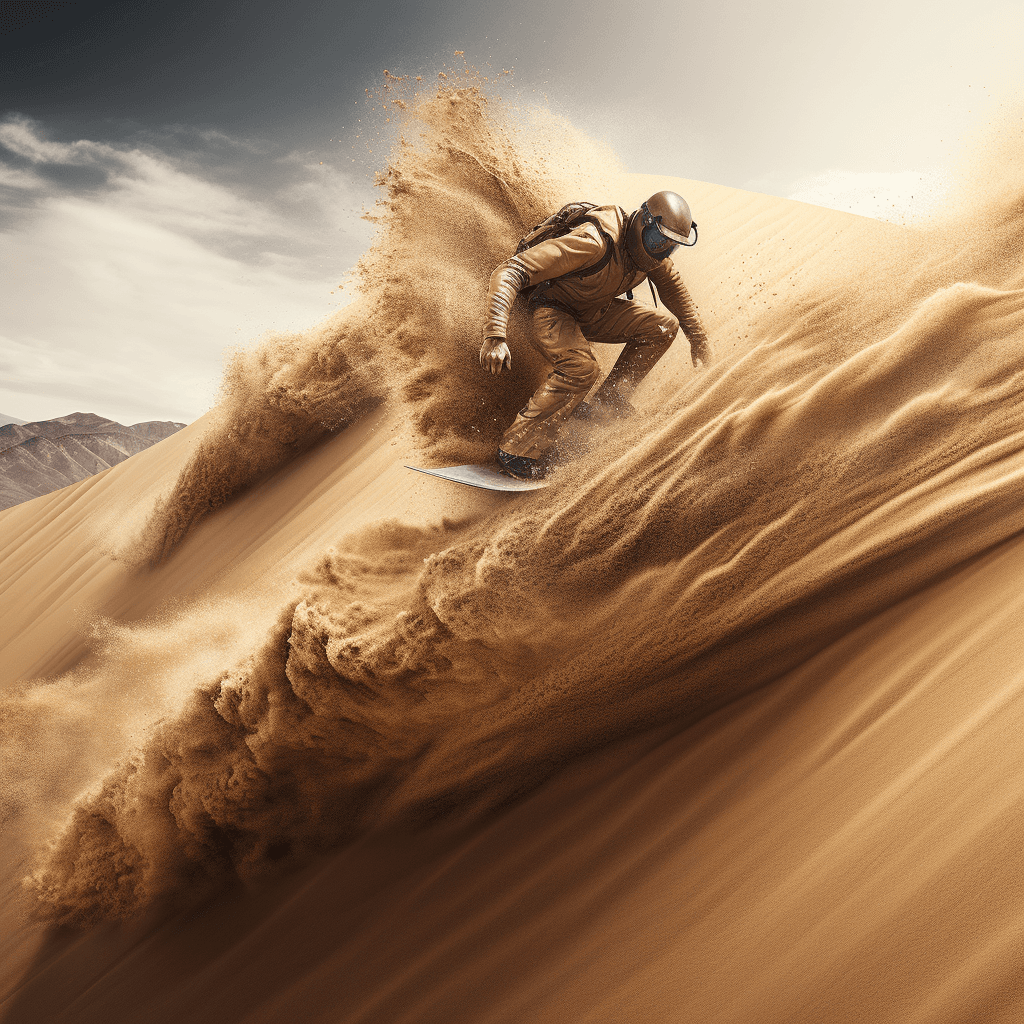 AI generated: A surfer riding a mountain of sand, in the style of split toning, highly polished surfaces, kimoicor...