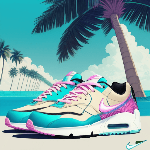 AI generated: pair of sneakers with a beach and palm trees in the background, concept art, modern desing, grimes -...