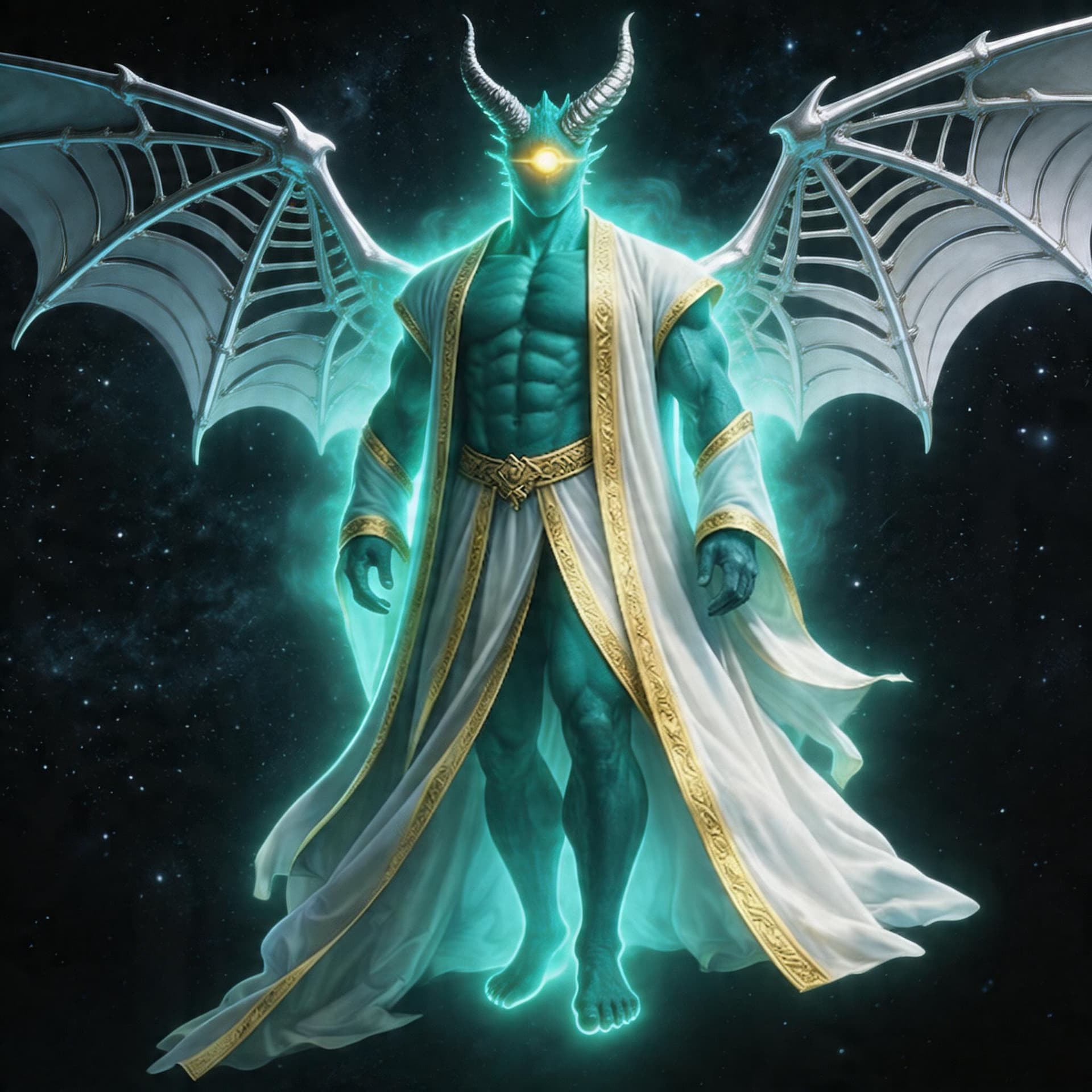 AI generated: create a god of dragons with teal colors with a god like aura surrounding him flying in darkness wit...