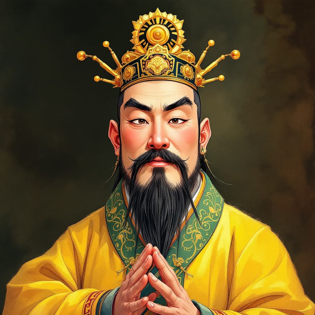 AI generated: The Yellow Emperor, a Chinese male, has a round face, as if his face is slightly red after drinking ...