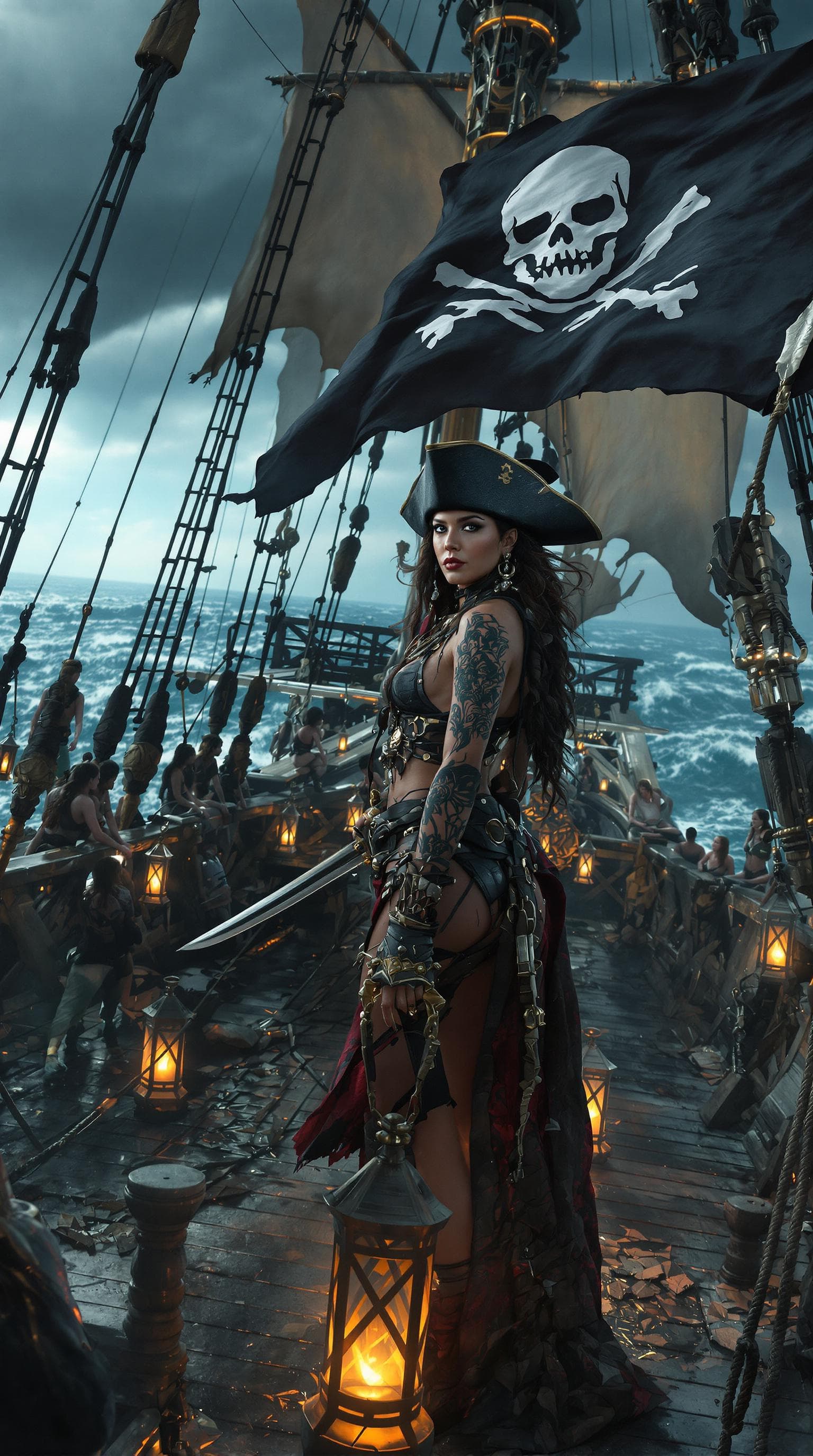 AI generated: a cinematic wide shot of A commanding Native Caribbean Female pirate captain standing tall holding a...