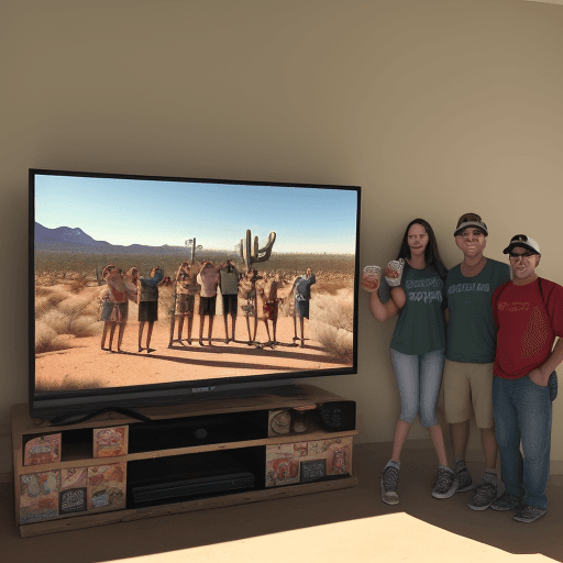 AI generated: Photo of eight men and ladies standing in front of a tv.  On the tv screen is an image of the desert...