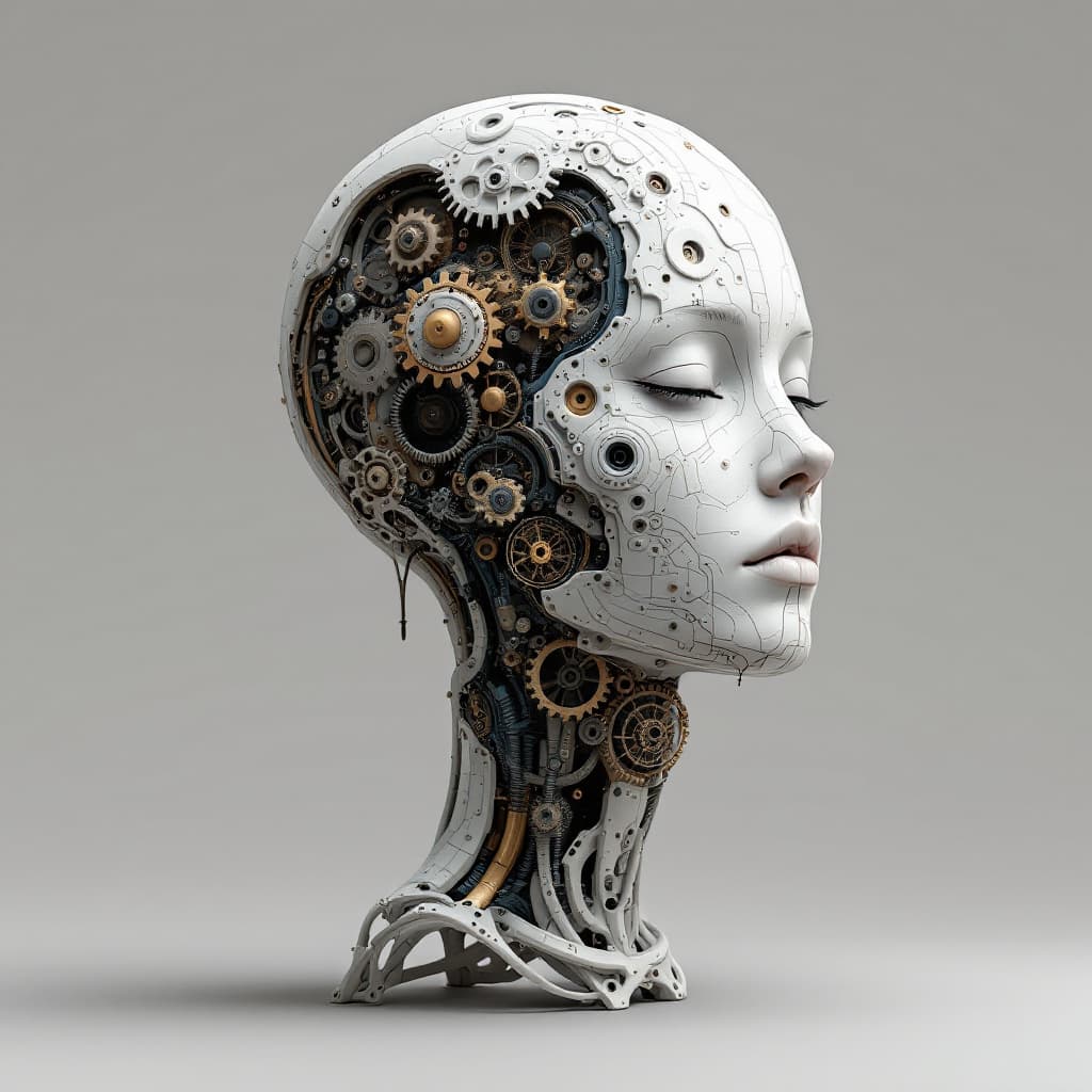 AI generated: An abstract sculpture of a head and neck in slight profile with the skin made up of intricate patter...