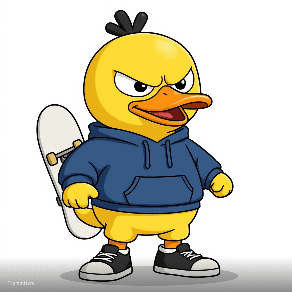 AI generated: Classic 2D hand-drawn animation style, yellow duck character, wearing modern streetwear : hoodie and...