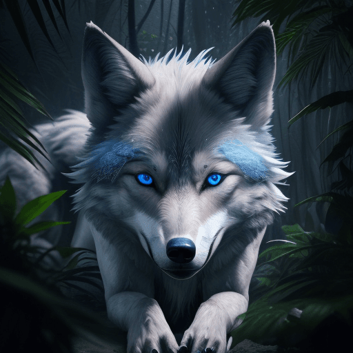 AI generated: a photo of a wolf with blue eyes looking at herself, in the jungle with fire realistic hyper-detaile...