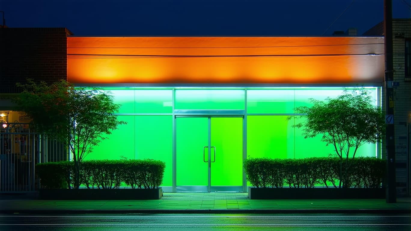 AI generated: A phosphorescent building, night time, the facade of the phosphorescent building is decorated with n...