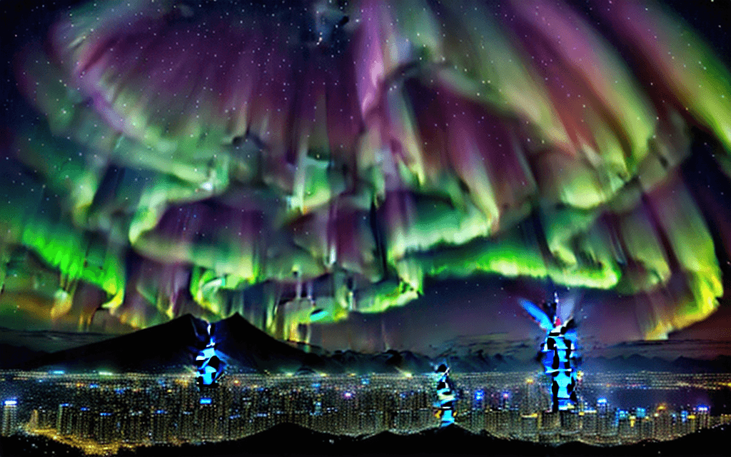 AI generated: auroras sky,snow weather, Taipei 101 ,delight night 
