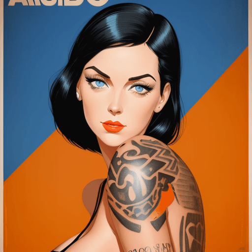 AI generated: the girl with black hair and blue eyes has a tattoo, in the style of patrick nagel, dark orange and ...