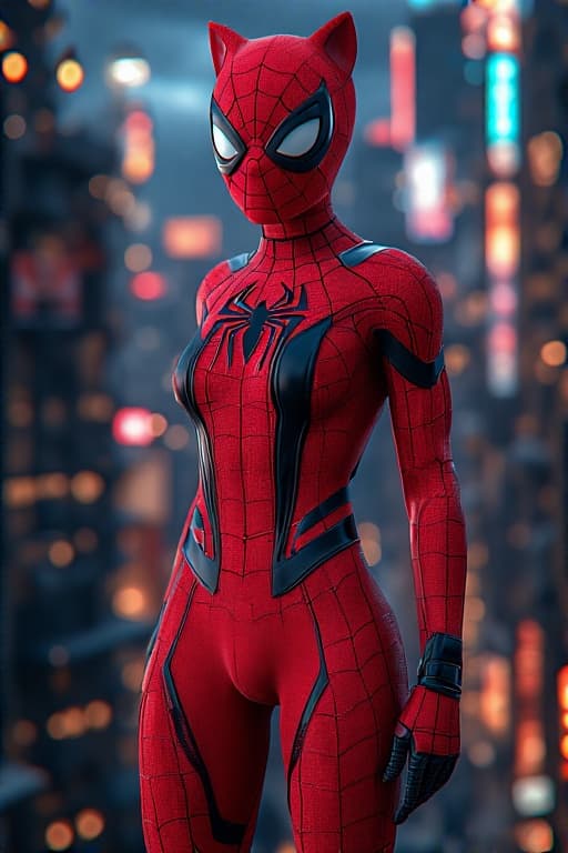 AI generated: cat head anthropomorphic humanoid body, marvel movie poster, spiderman character, red spiderman suit...