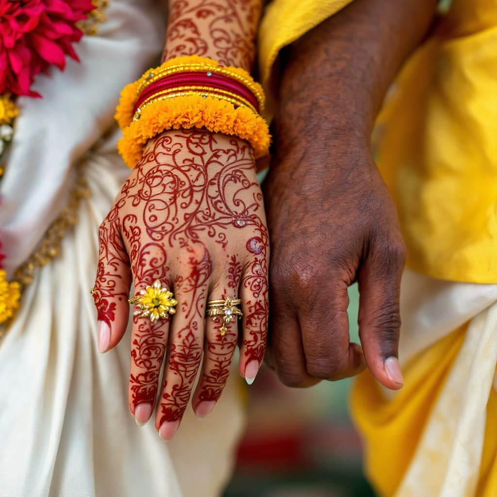 AI generated: Closeup image of Kerala couple holding hands on their wedding function. Girls hands without mehandi,...