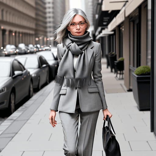 AI generated: Picture a woman striding confidently down a city sidewalk, dressed in a chic ensemble of contemporar...