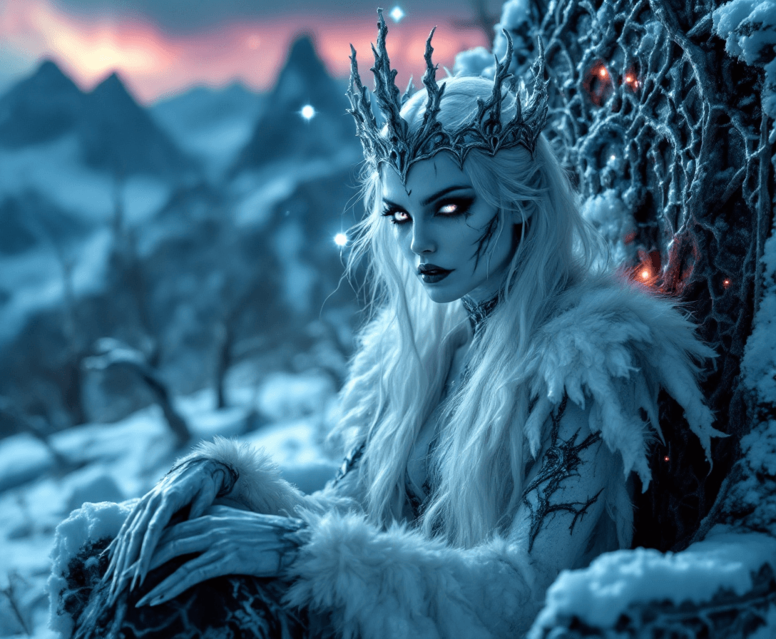 AI generated: 4K, magazine photo shoot quality image of a beautiful 23-year-old platinum blonde ice witch with pie...
