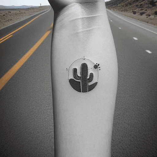 AI generated: Tattoo design that symbolically represents the concepts of  cat, cactus, trust, road, and sea in a m...