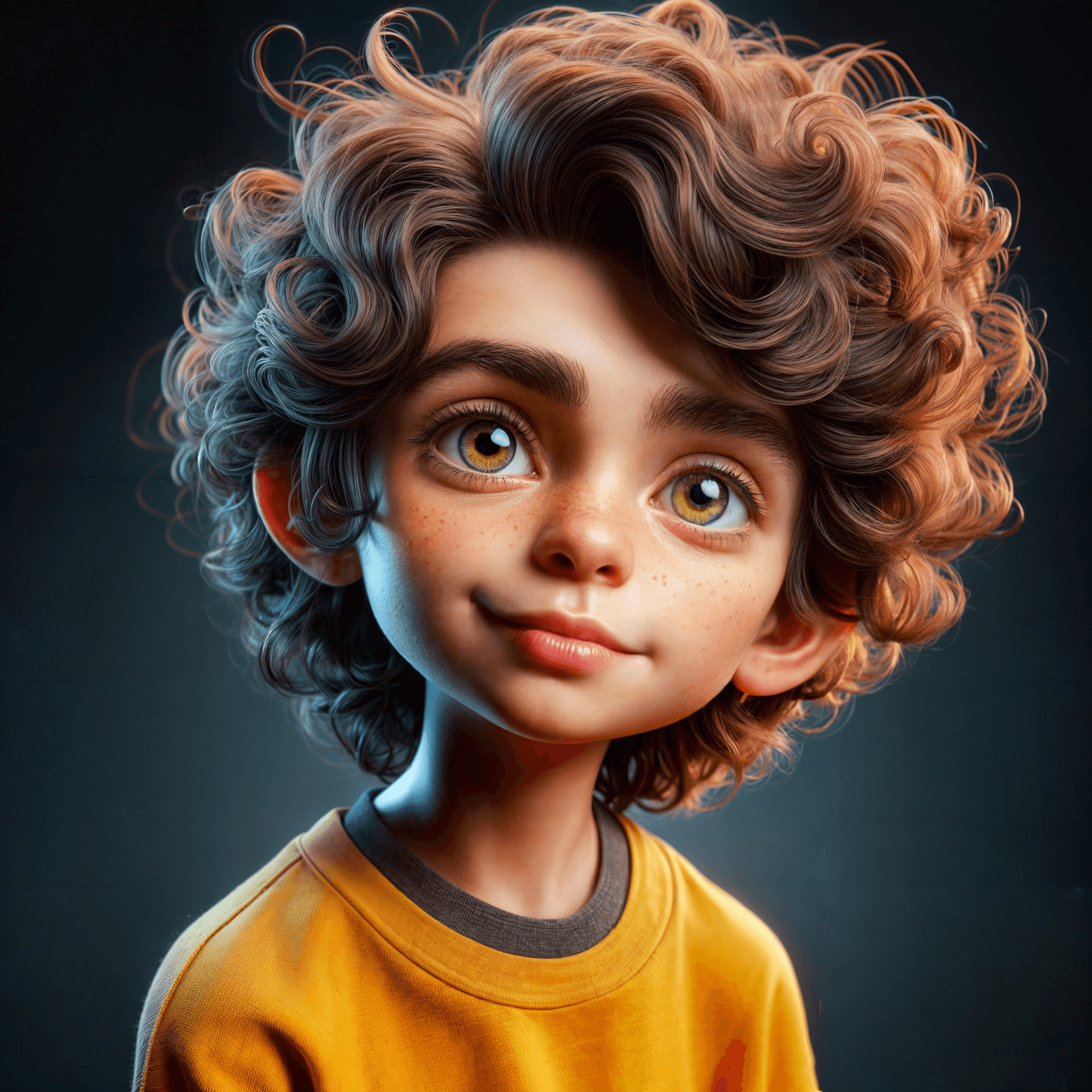 AI generated: Create a hyperrealistic portrait of the boy with curly hair and a yellow shirt in the style of Cinem...