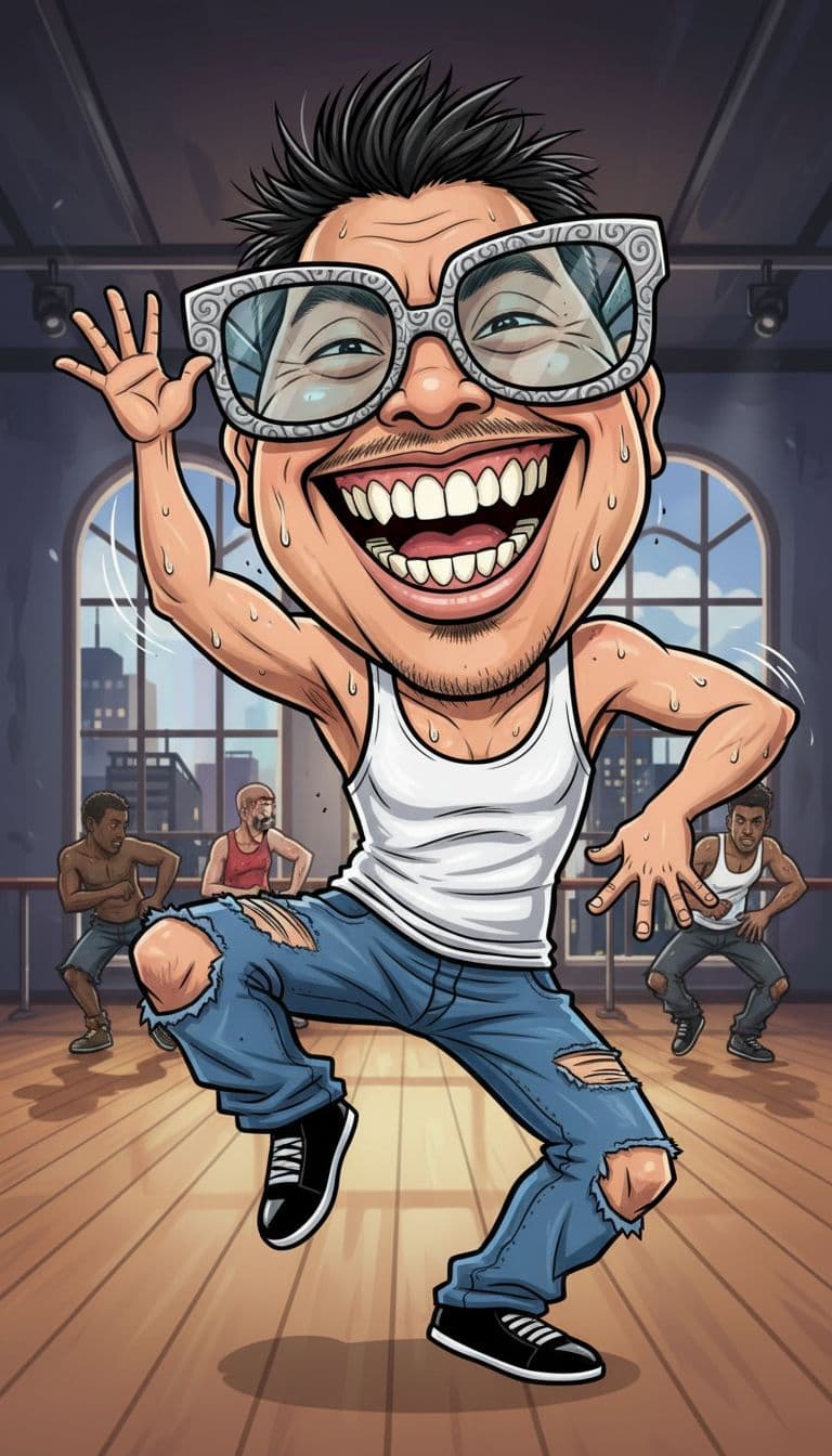 AI generated: re create funny caricature, hip-hop dancer caricature from image provided, big head wide smile, funk...