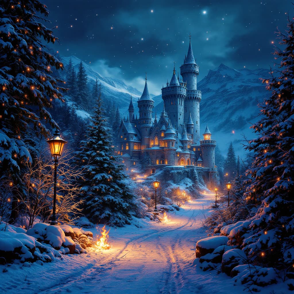 AI generated:  hyper-realistic wide shot  (fabled character tale1:3) a castle, night winter. with flames around  s...
