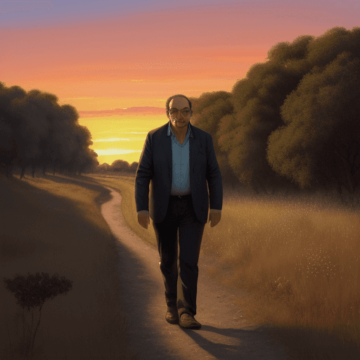 AI generated: profesor caminando en el atardecer, rodeado de naturaleza, pintura al óleo 4k
