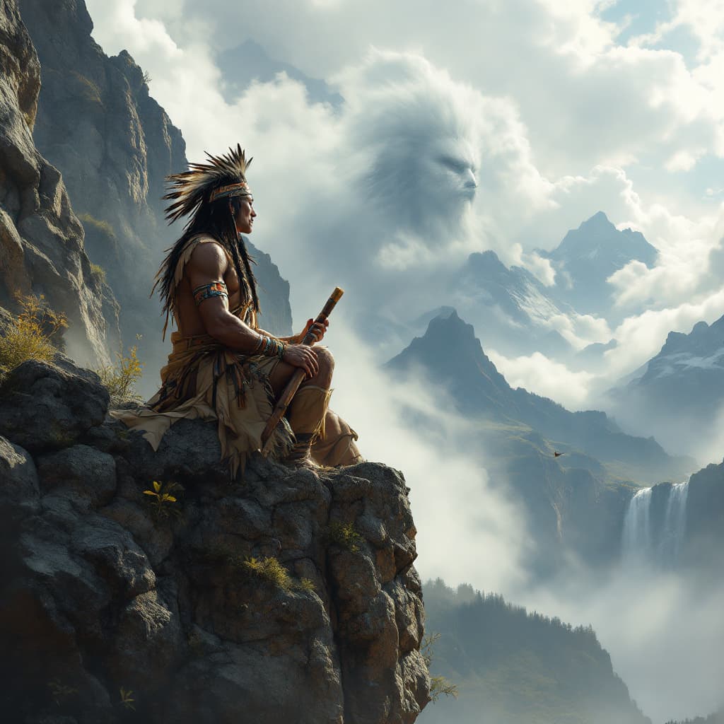 AI generated: A Native American chief in traditional Algonquin attire holding a calumet pipe on the edge of an anc...