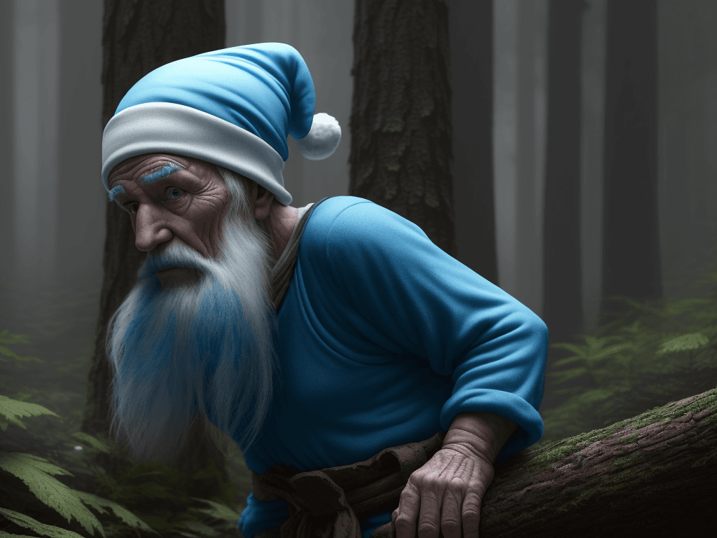 AI generated: An old man camouflaged like a smurf, with a white tuque on his head, in the forest. Cinematic style ...