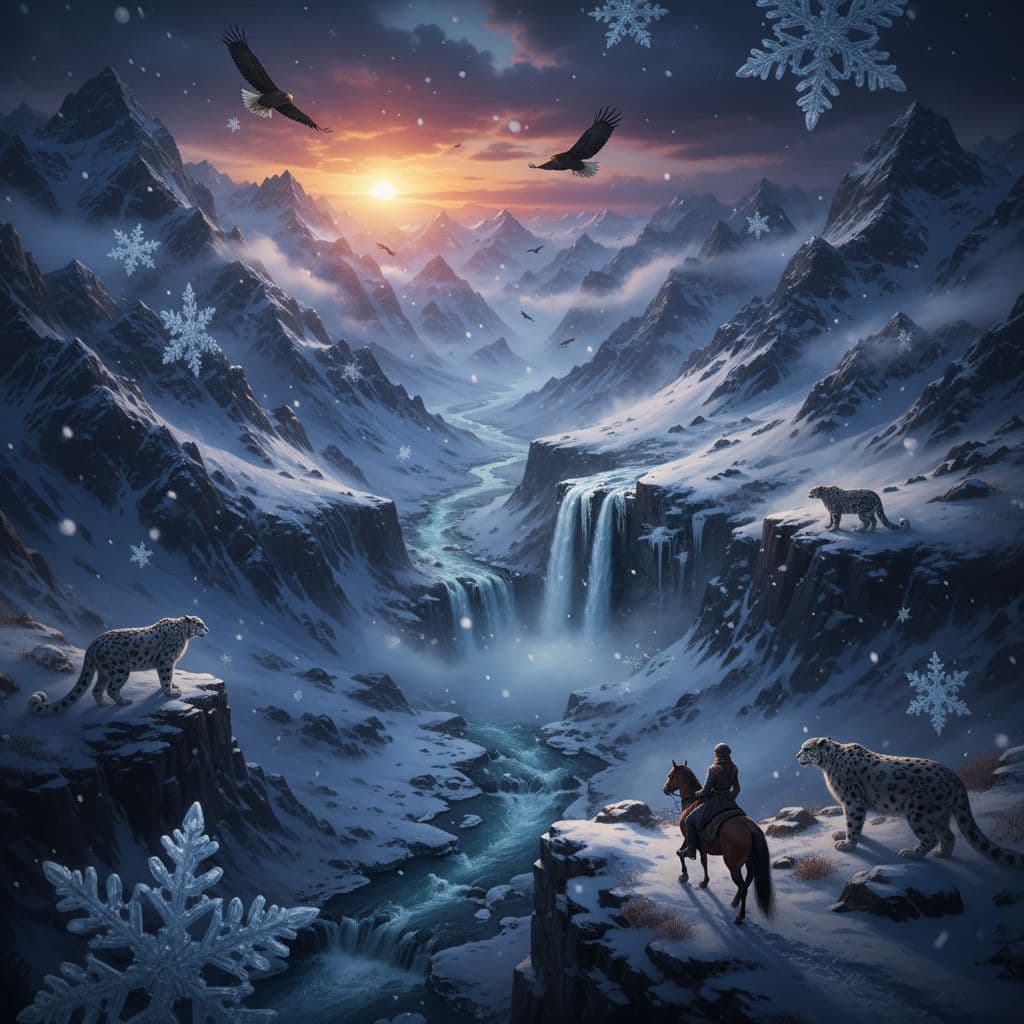 AI generated: Deep color, windy, snowy valley, with steep mountains around, deeply detailed 4k, drone-like view fr...
