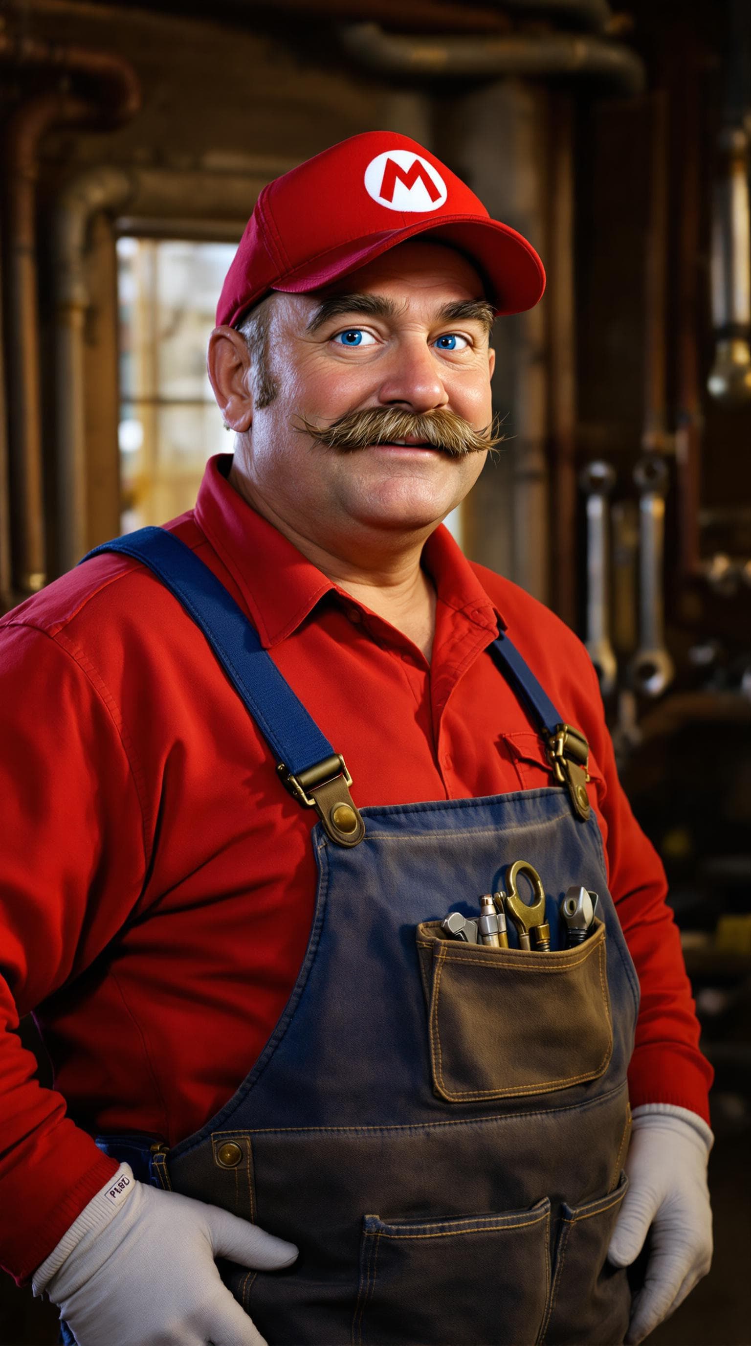 AI generated: A hyper-realistic portrait of an Italian plumber inspired by Mario; stocky middle-aged man with bush...