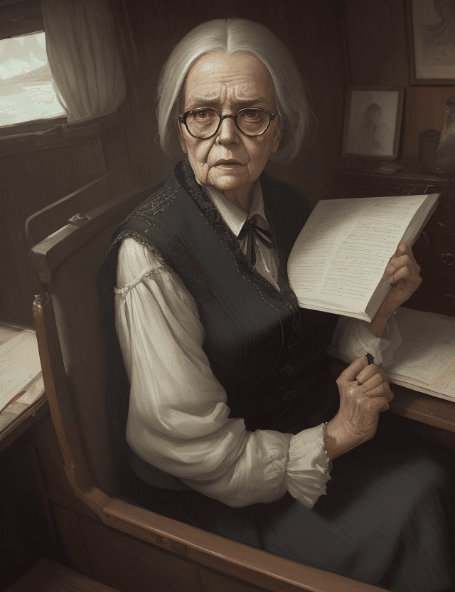 AI generated: An authoritatian old woman secretary with severe look, mediaval clothing, in boat cabin by Greg Rutk...