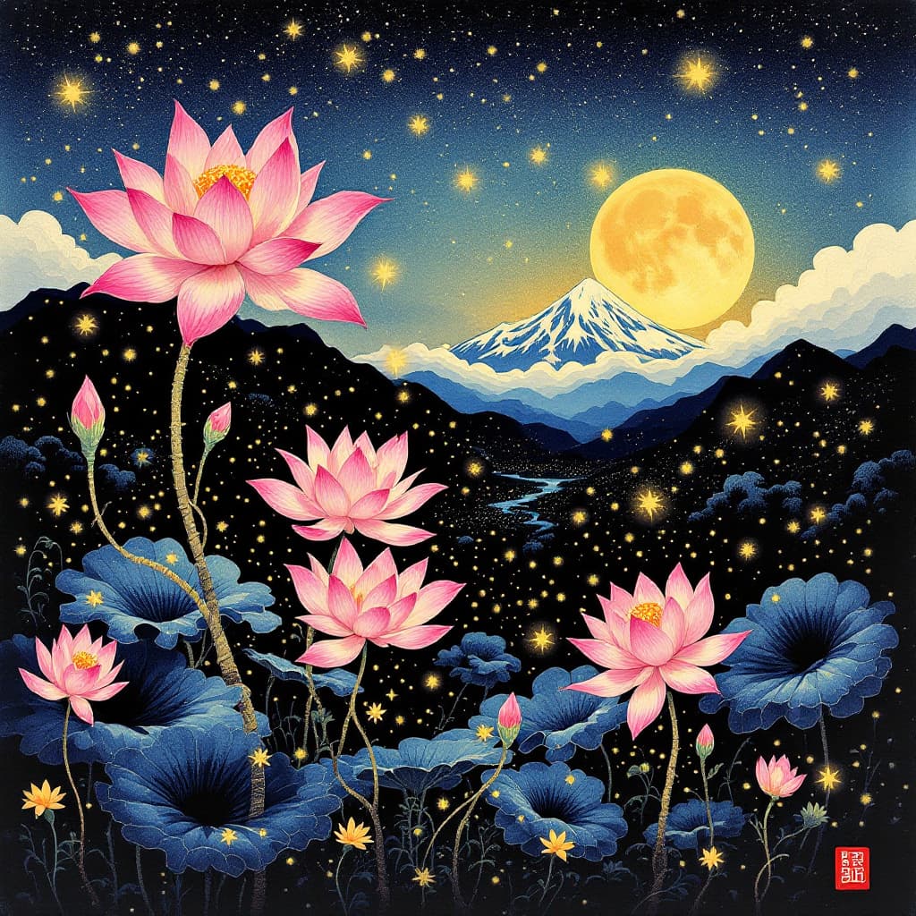 AI generated: Lotus blossoms and a full, fireflies, Mountains in the distance,  moon in the style of Ukiyo-e, deli...