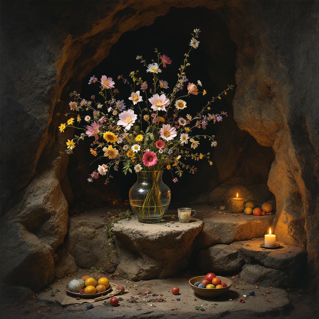 AI generated: A vase full of wild flowers in a clear vase sits on a rock ledge in a cave  there is a small rock ta...