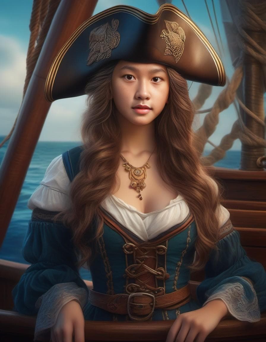 AI generated:  a stunning realistic photograph portrait of a beautiful blonde 20 year old woman, (aboard a pirate ...