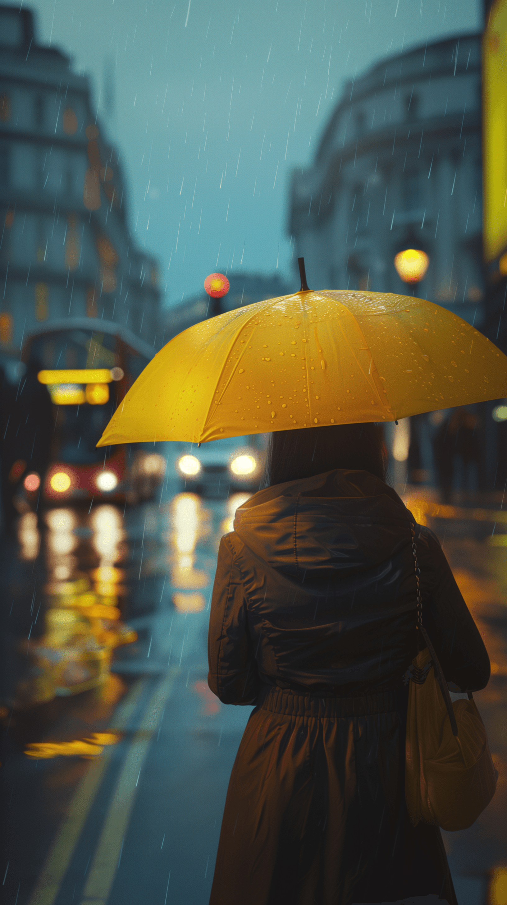 AI generated: 3d render, cinematic, candid view, heavy fog with rain, yellow umbrella with woman, london, ultra re...